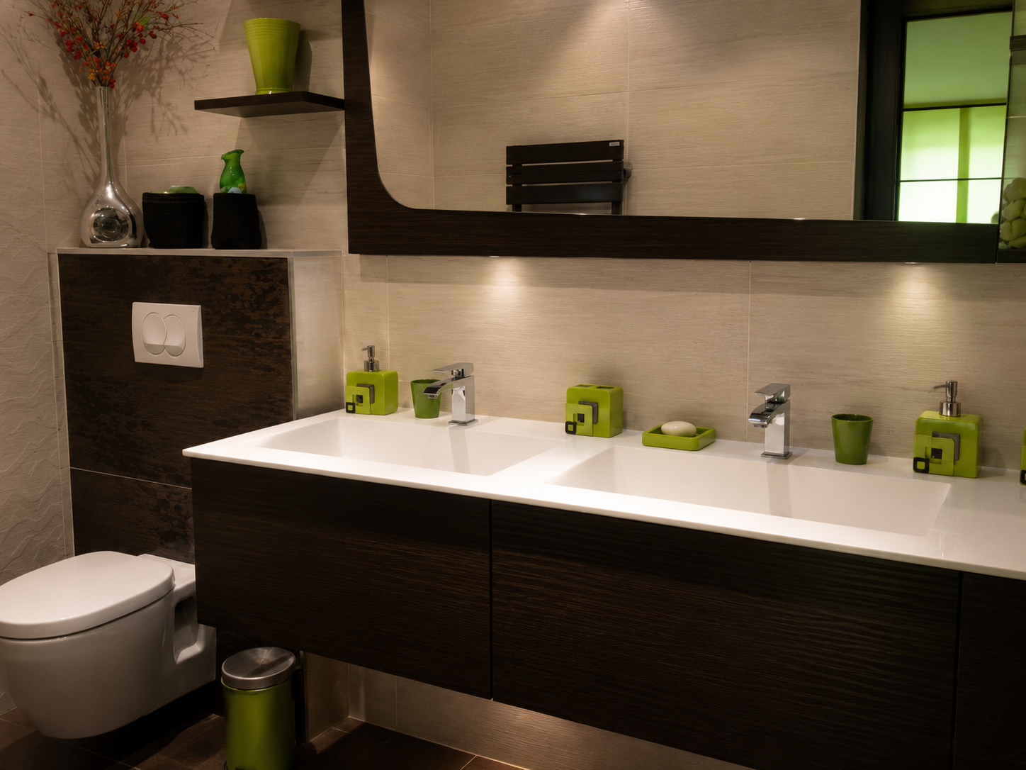 Double vanity bathroom with warm wood finishes