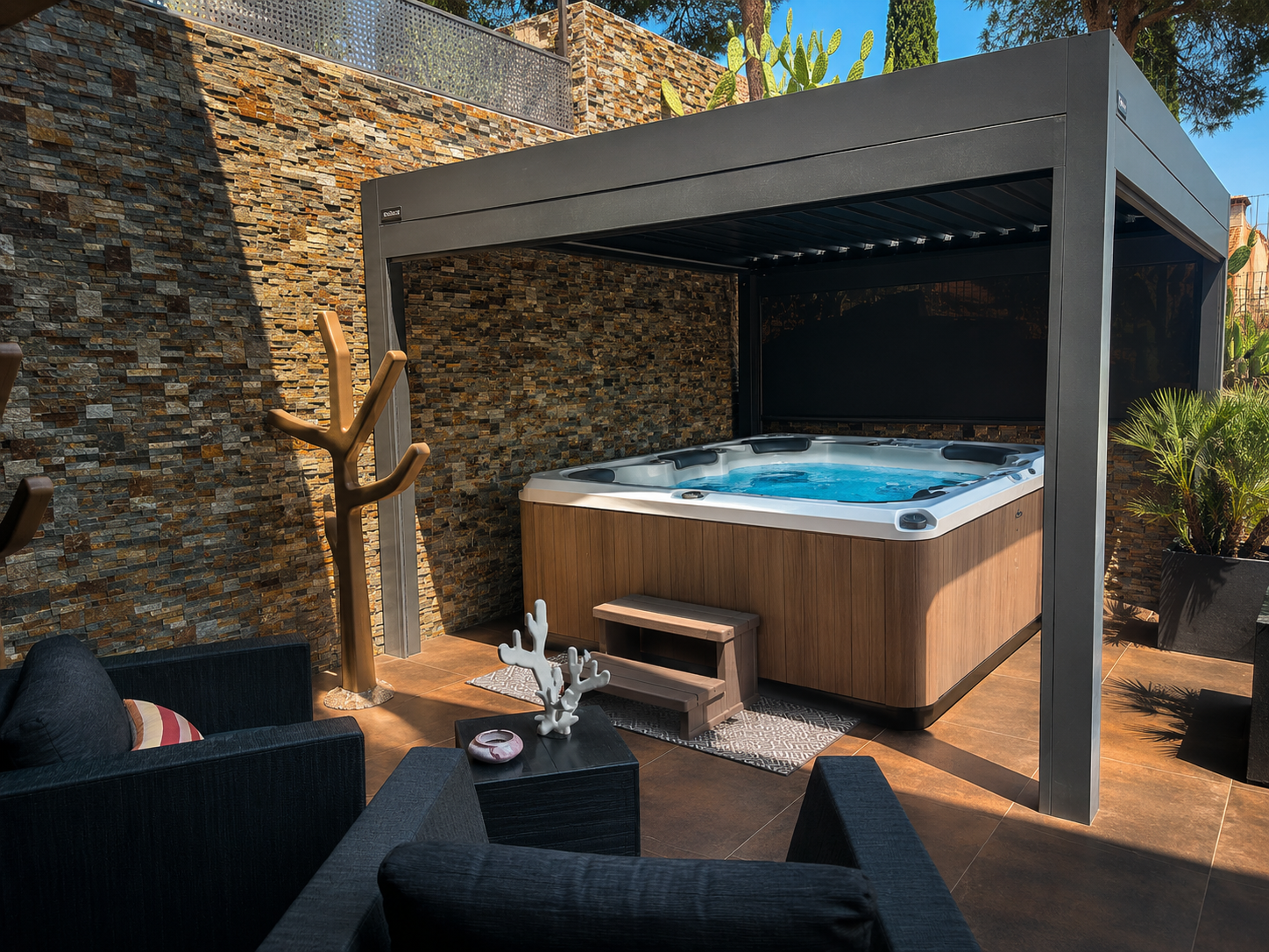 Private jacuzzi under a shaded pergola