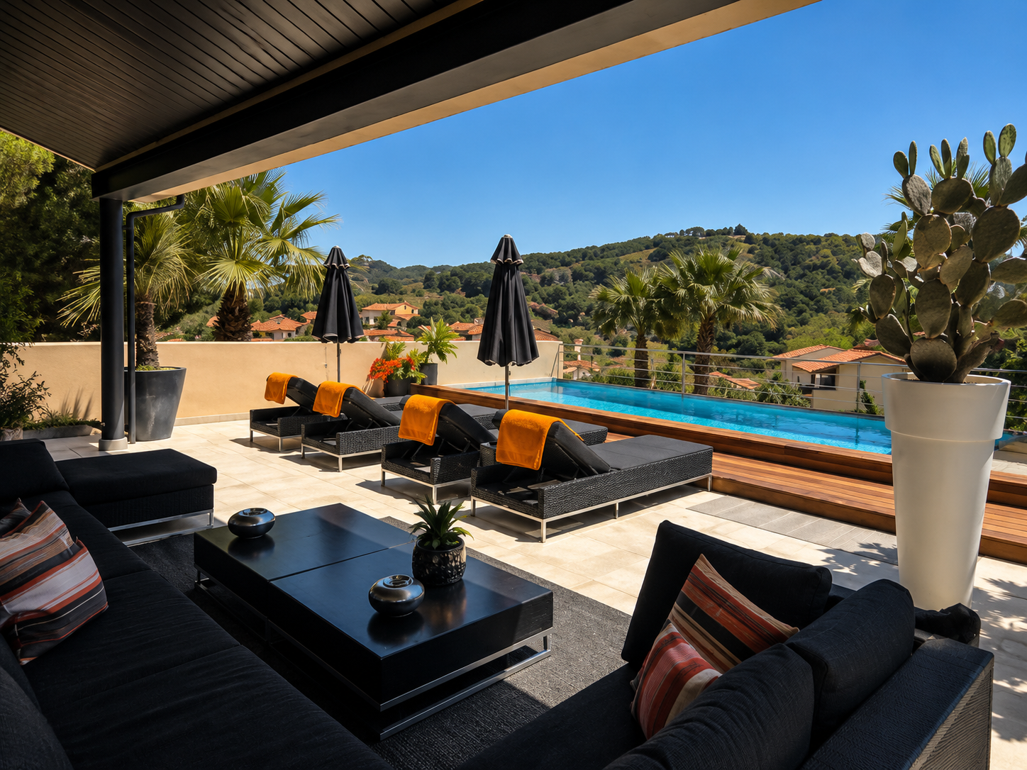 Villa Geckos terrace overlooking the Mediterranean hills